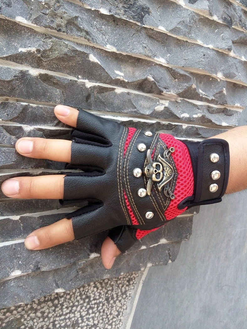 Half-finger gothic gloves demonstrating unisex fit with adjustable wrist strap and metal hardware details
