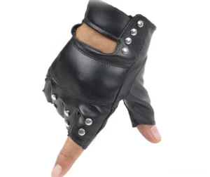 Single black punk leather glove on mannequin hand displaying open finger design, silver rivet accents, and wrist strap architectural detail