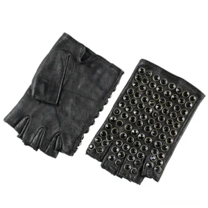 Half-finger leather gloves with metal stud detailing, side and front perspective showing rivet pattern and plain leather back