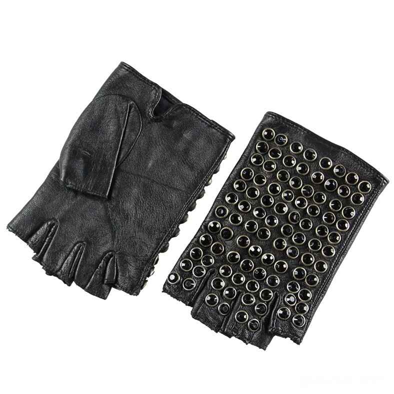 Half-finger leather gloves with metal stud detailing, side and front perspective showing rivet pattern and plain leather back