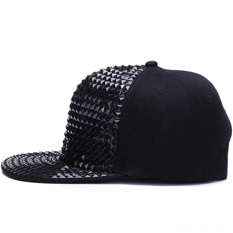 Half studded black snapback cap with pyramid studs on front panel only, side view