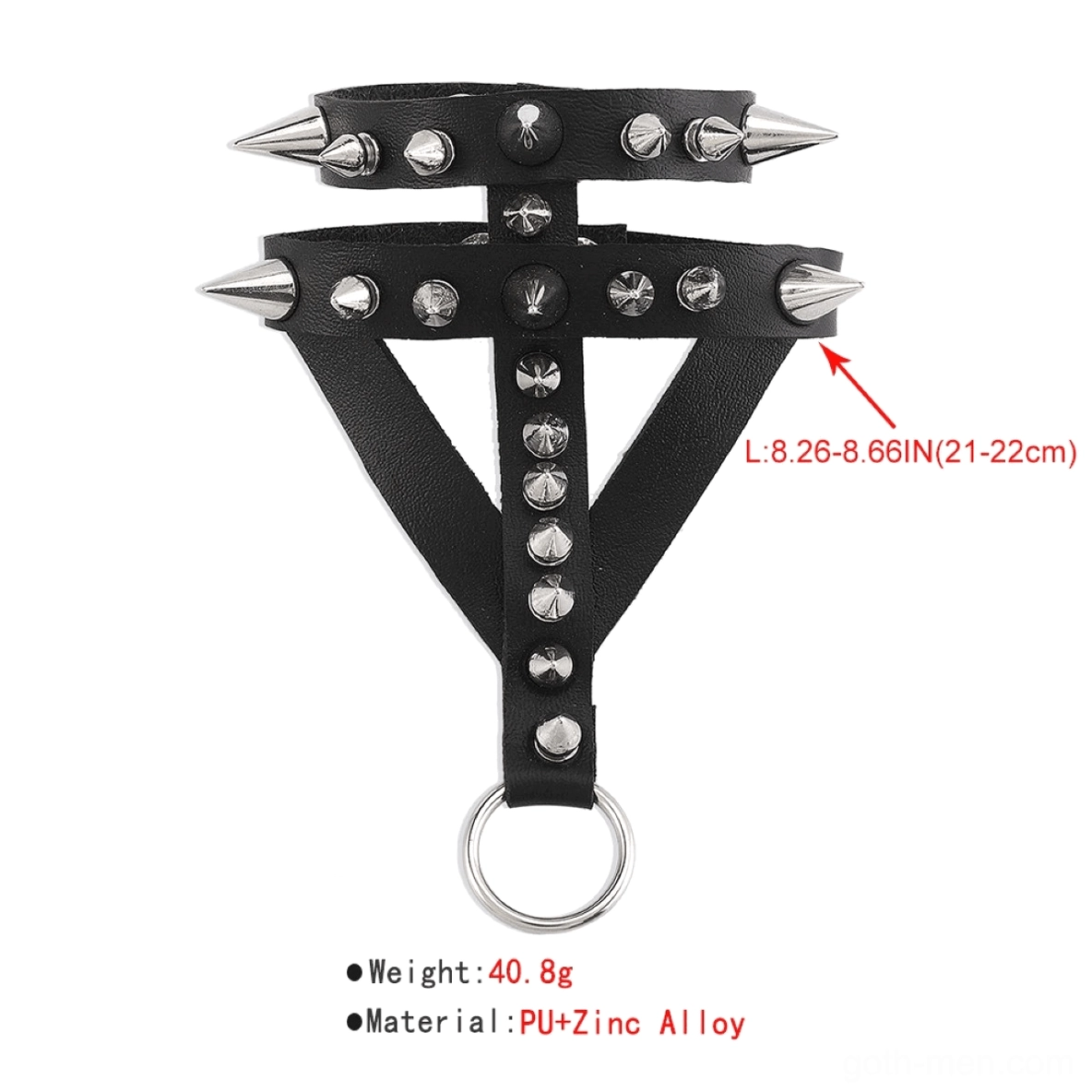 Product specifications shot of black leather spiked wristband showing measurements, material composition PU leather zinc alloy