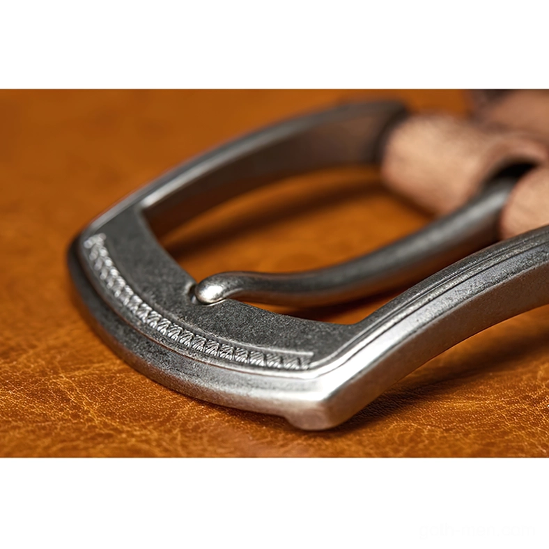 Handcrafted cowhide gothic belt with antique alloy buckle pin mechanism, studio photography showcasing leather finish, buckle construction, and durability