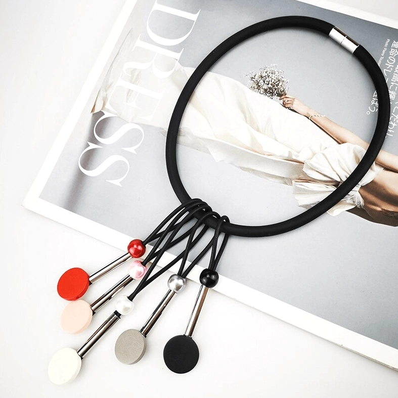 Handmade multicolor beaded gothic silicone choker necklace with elastic rope and matte pendants, neo-gothic alternative fashion accessory