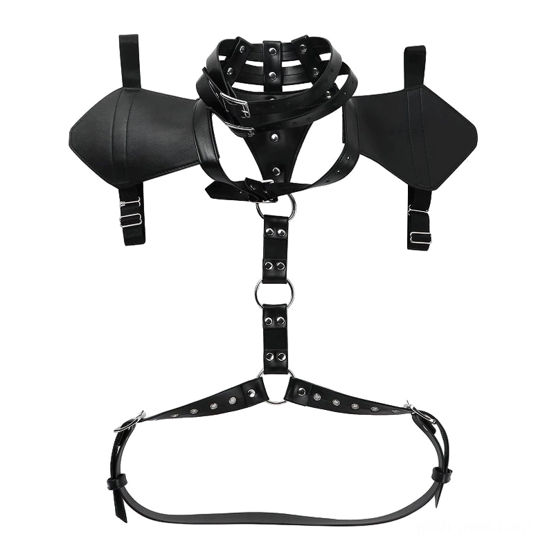 Close-up detail of black faux leather harness with metal buckles and O-ring hardware