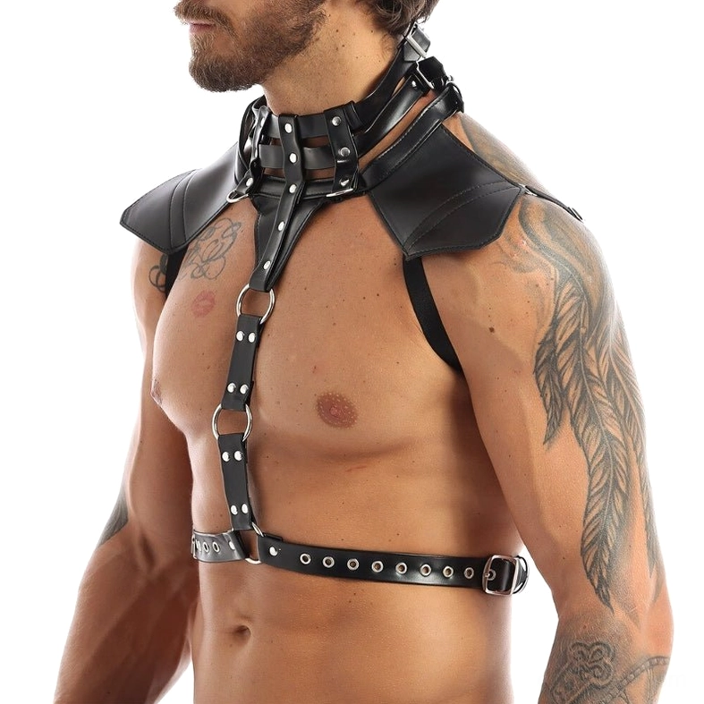 Men's black leather chest harness left angle view with shoulder pads and adjustable buckles