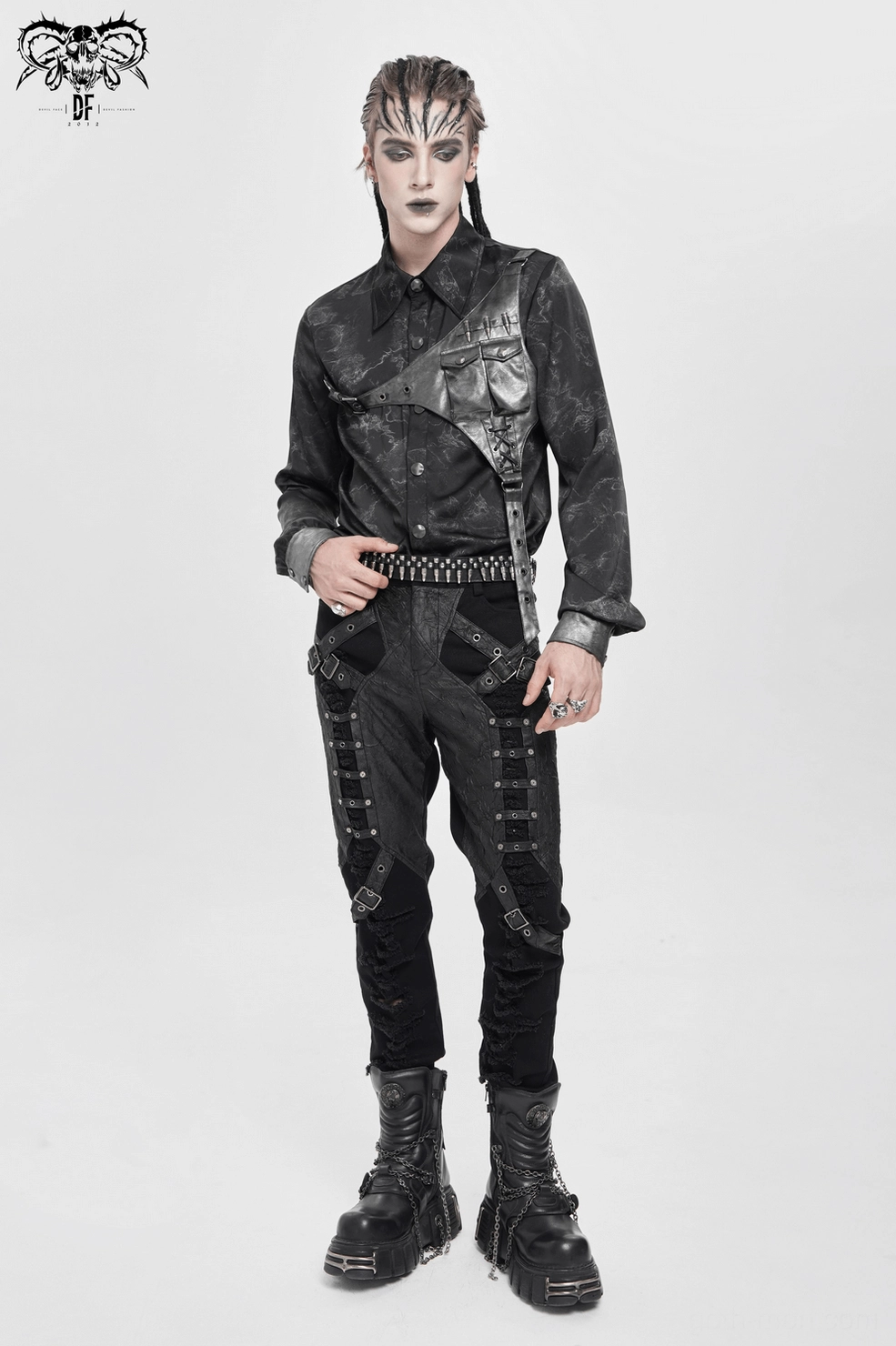 Detailed view of pocket construction on PU leather harness component of gothic shirt