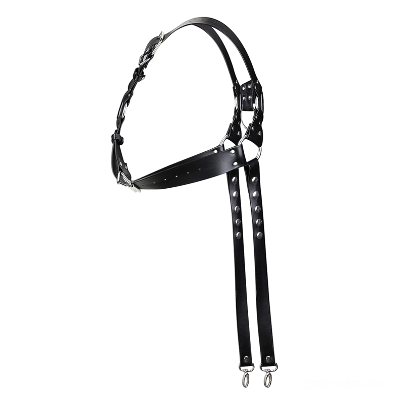 Side view of adjustable PU leather harness with buckles and riveted details, gothic chest suspender system