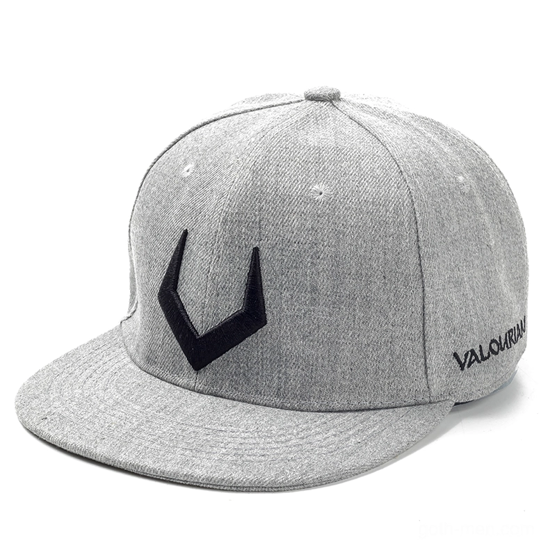 Heather grey gothic cap with black 3D dimensional embroidery and side branding details, front facing studio view