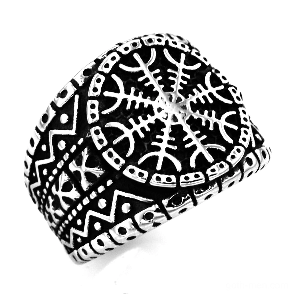 Helm of Awe stainless steel ring low angle view - full engraved rune details visible