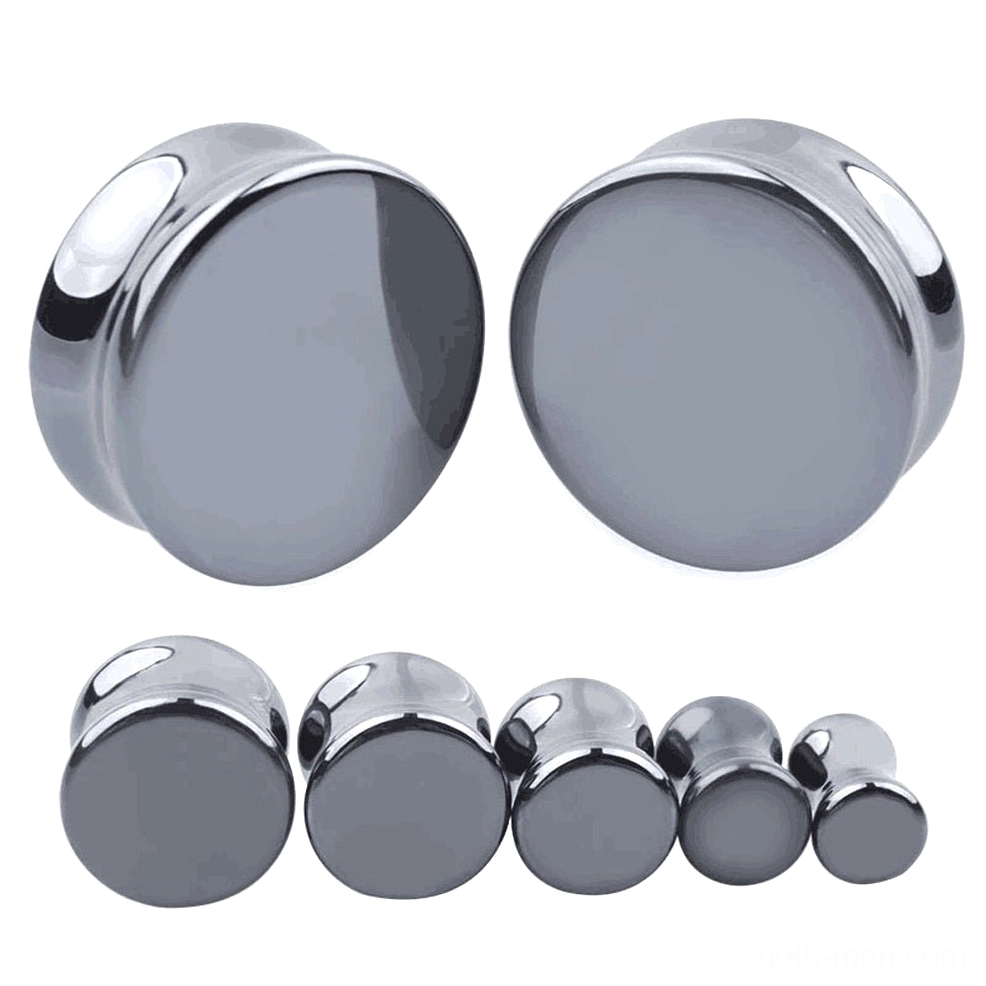 Dark polished hematite stone ear gauges in multiple sizes displayed on studio white background, showing front and side perspective of double-flared gothic ear plugs
