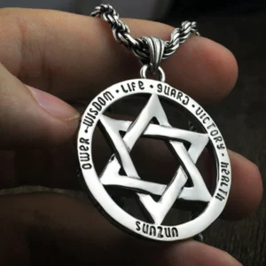Hexagram pendant worn on twisted rope chain close-up hand model sterling silver occult necklace gothic jewelry