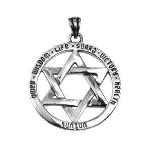 Sterling silver hexagram pendant flat lay showing intricate engraved border details and hollow star of david design vintage gothic style