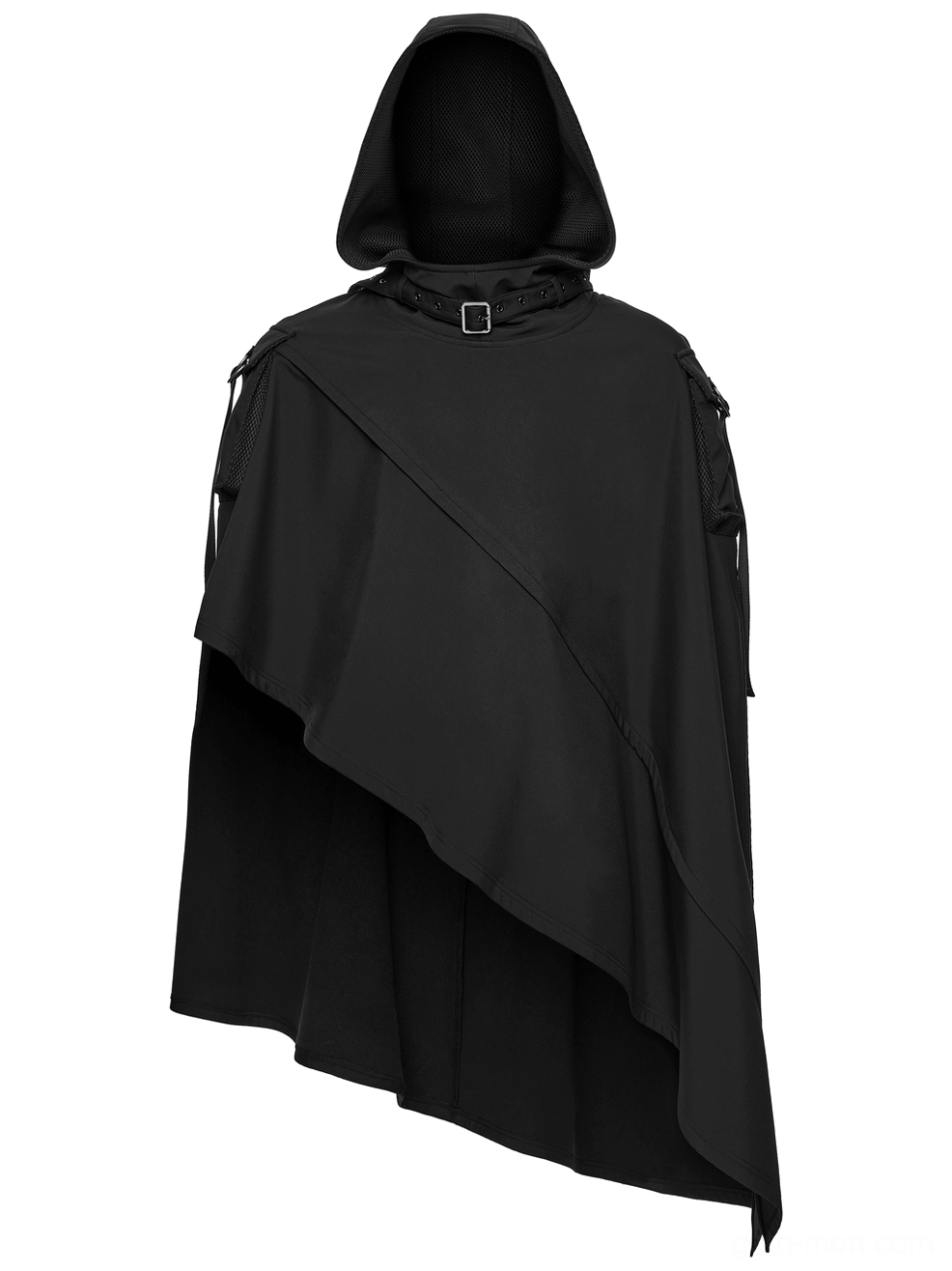 Black hooded gothic cape front flat lay view displaying asymmetric hem, fixed hood construction, and structural paneling details
