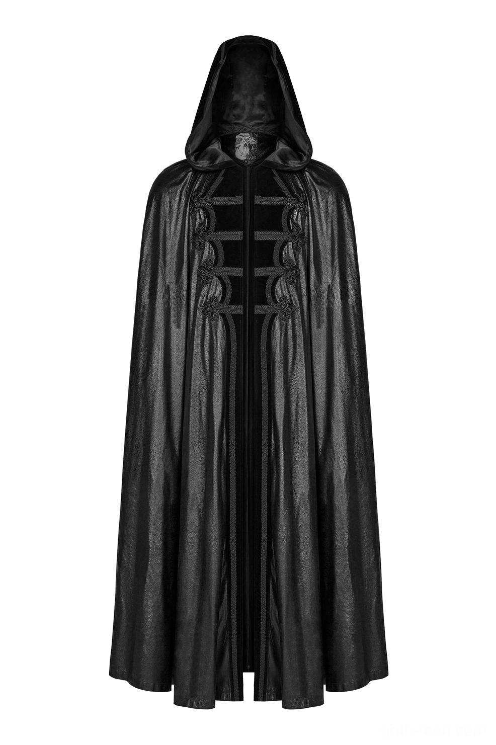 Full-length black hooded gothic cape front full view with central embroidery and attached hood