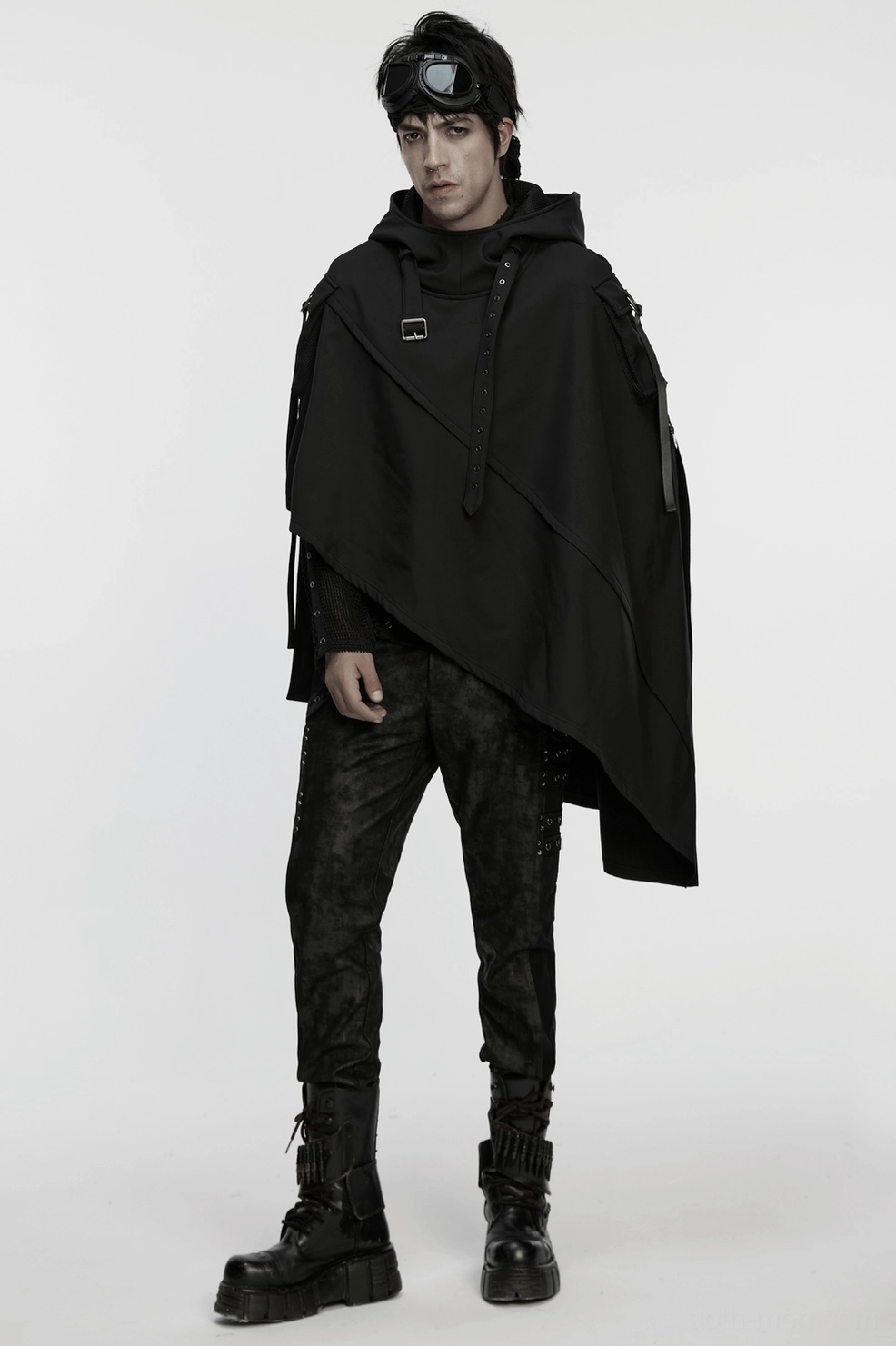 Waterproof gothic techwear wasteland cape showing hooded collar construction, asymmetric hem, and premium matte fabric finish