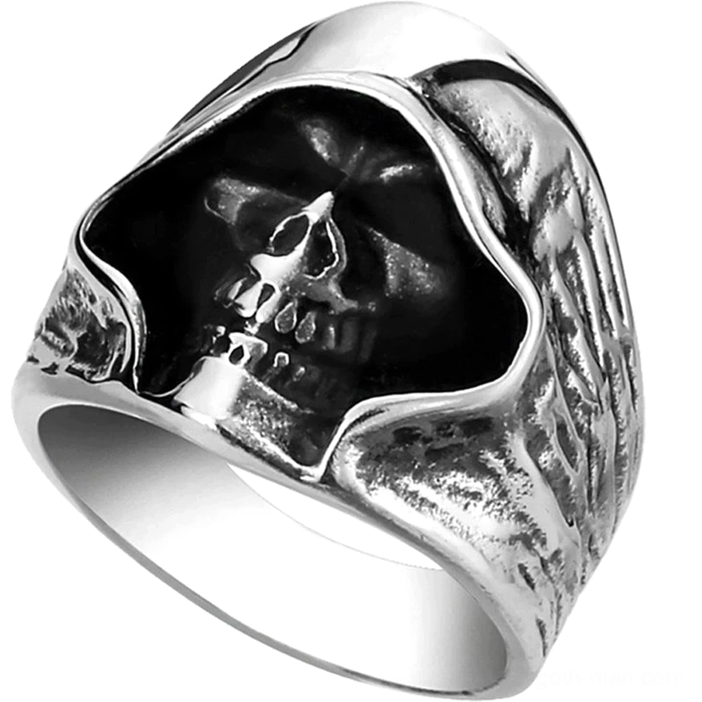 Hooded grim reaper skull ring front three-quarter view 316L stainless steel gothic jewelry with textured wing-patterned band