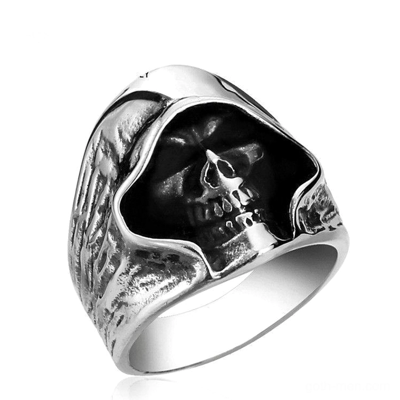 Hooded grim reaper skull ring side profile 316L stainless steel with detailed wing engravings and vintage patina finish