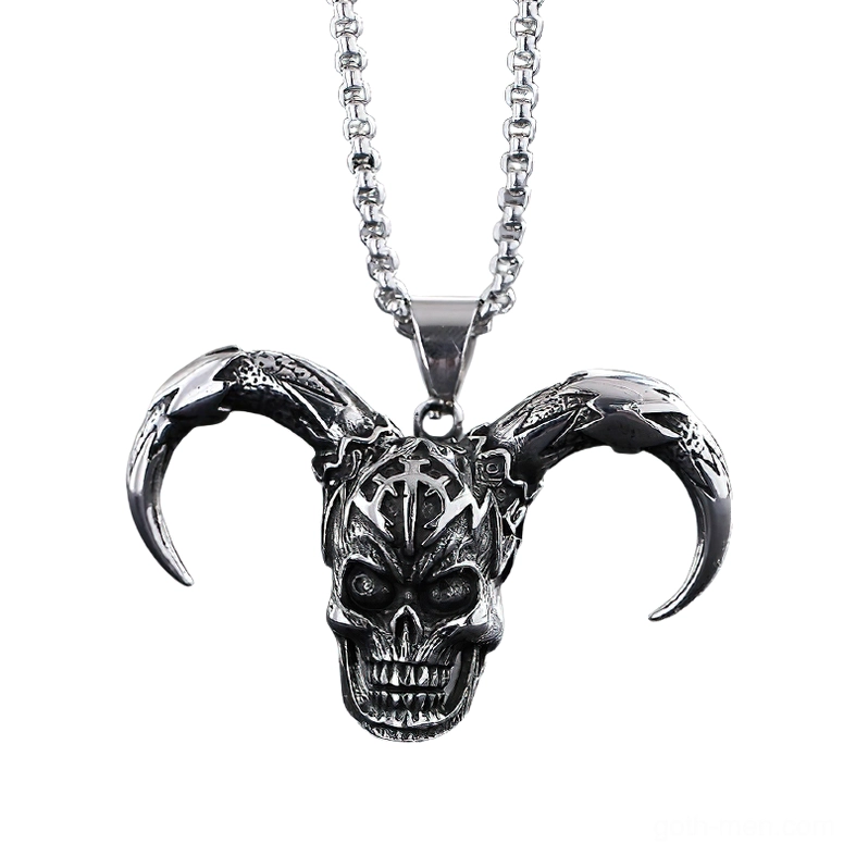 Bright polished silver horned demon skull pendant intricate carved details gothic jewelry