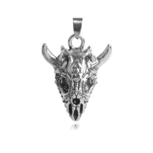 Horned demon skull gothic pendant front view showcasing intricate skeletal details and vintage oxidized silver finish