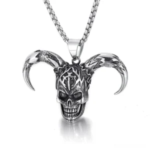 Horned demon skull pendant stainless steel gothic necklace frontal close-up detailed carving