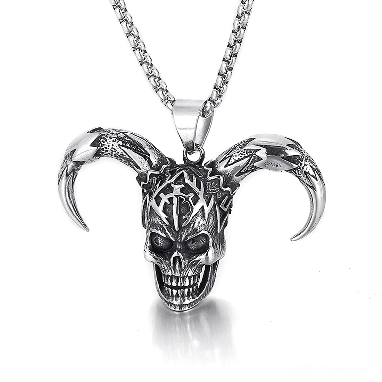 Horned demon skull pendant stainless steel gothic necklace frontal close-up detailed carving