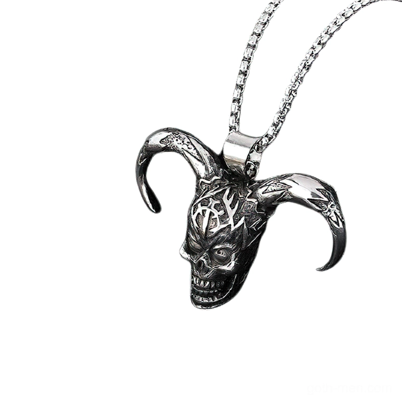 Antique dark silver horned skull necklace pendant three quarter side view tribal carvings