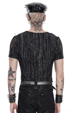 Industrial goth mesh t-shirt back view showing distressed fabric and shoulder spikes