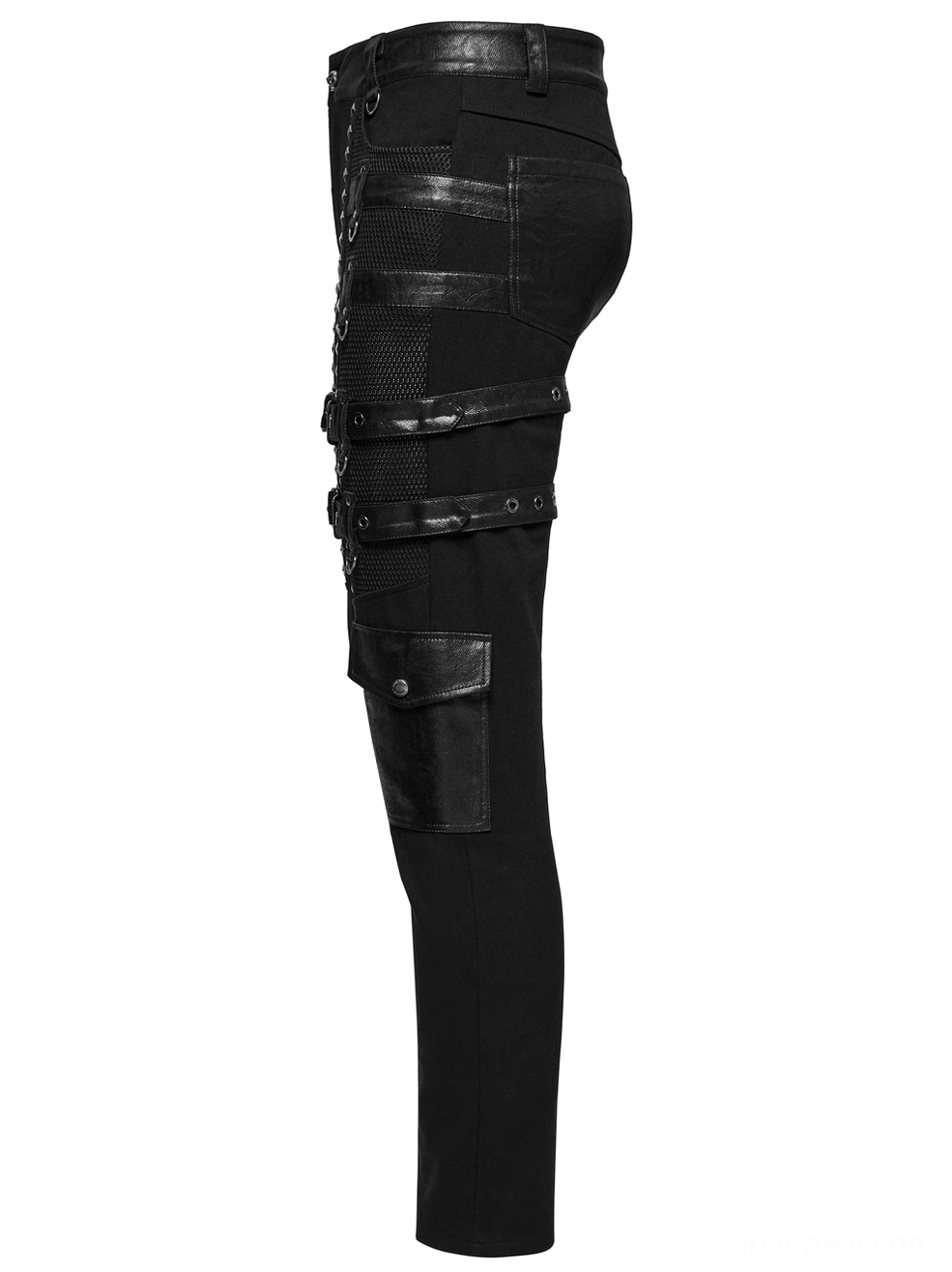 Left side view of industrial goth pants showing mesh panels, thigh straps, and cargo pocket construction