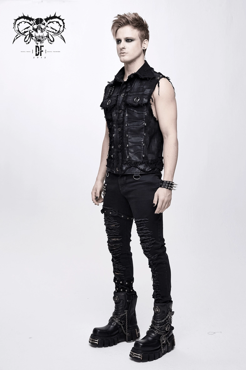 Industrial goth aesthetic black waistcoat with steampunk rivet hardware and punk edge styling