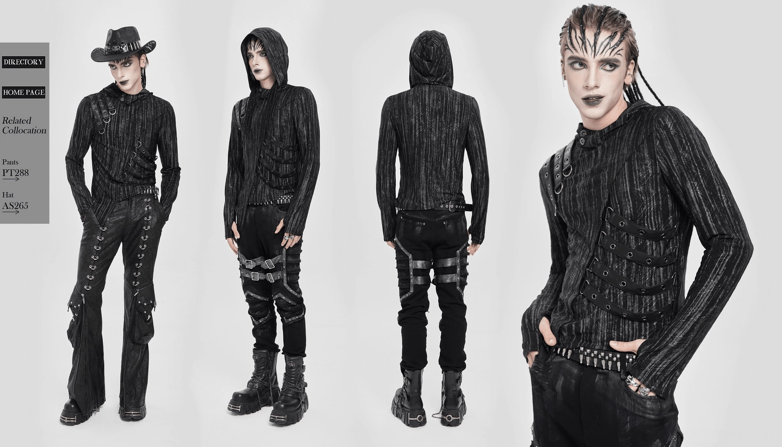 Industrial cyberpunk hooded top showcasing complete design with metal hardware and striped texture