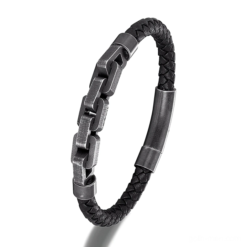 Men's industrial gothic leather bracelet - Black Style 1 with segmented gunmetal chain links and black braided leather strap, front oblique view