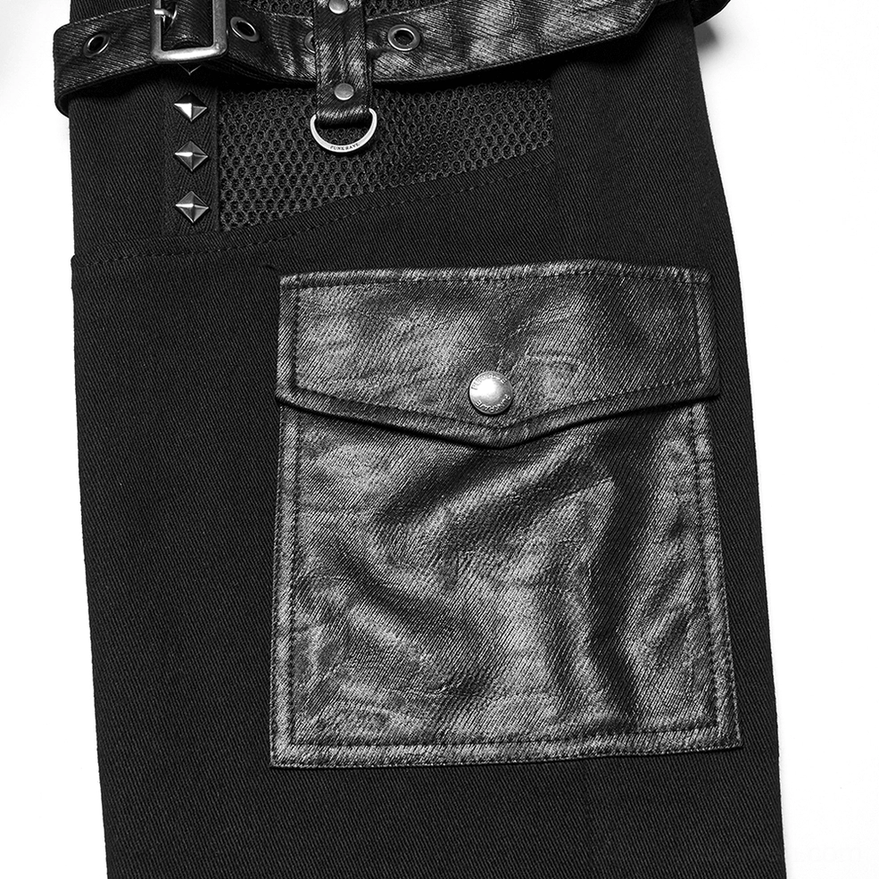 Industrial gothic pants hardware and stud embellishment showing craftsmanship of pyramid metal details