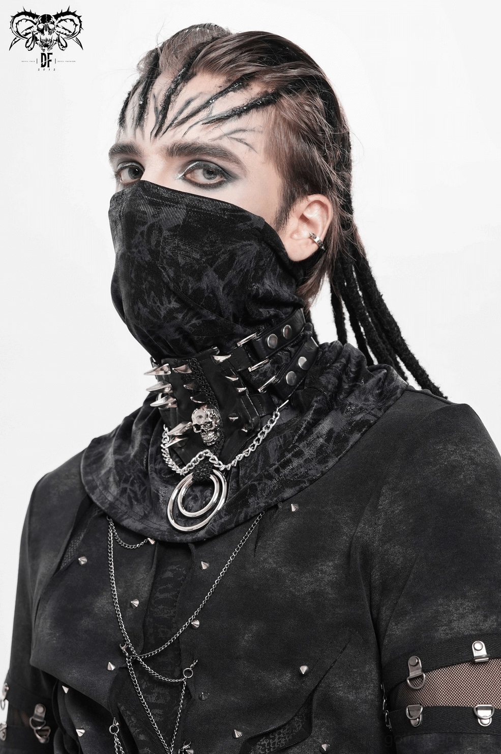 Industrial gothic spike choker with pointed leather edges and metal rings, close-up detail