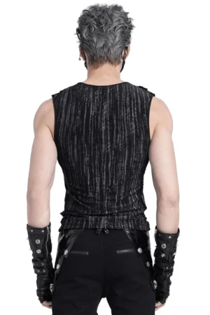 Rear view of black gothic sleeveless tank top with distressed striping and metal hardware details on male model