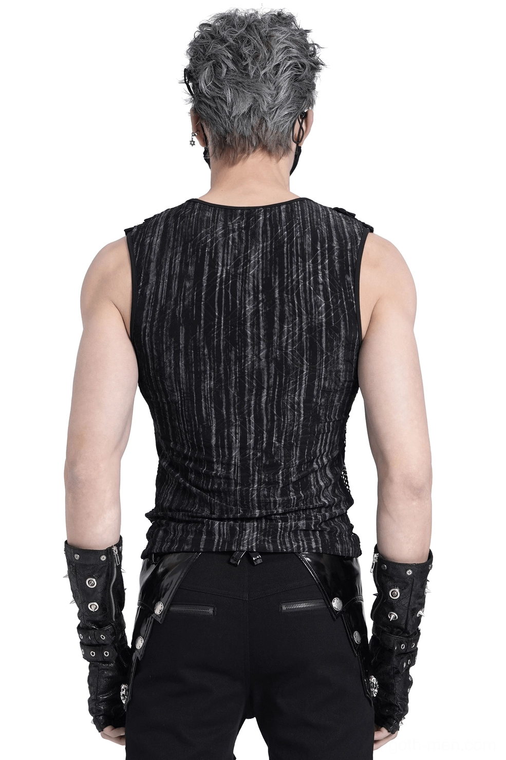 Rear view of black gothic sleeveless tank top with distressed striping and metal hardware details on male model