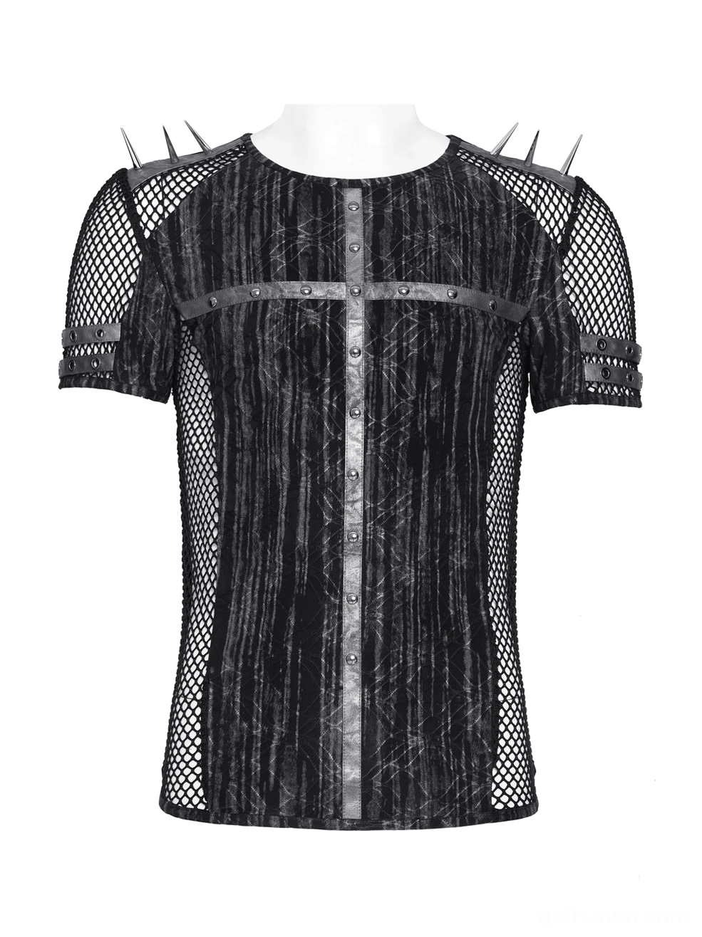 Industrial punk mesh t-shirt mannequin front showing distressed striped fabric detail