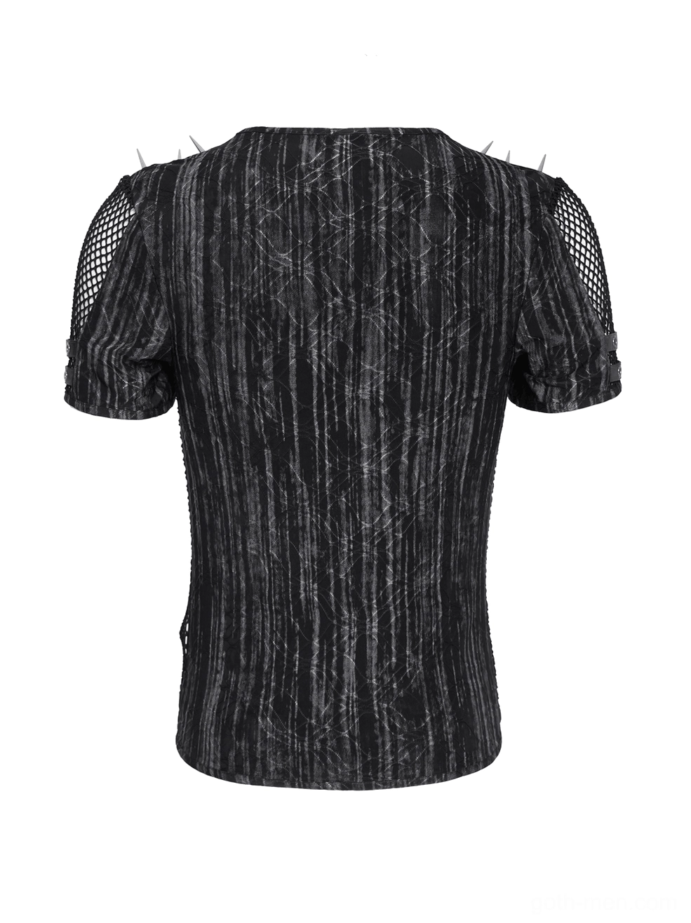 Black industrial mesh t-shirt rear view on mannequin with spiked shoulder accents