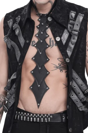 Industrial spike gothic choker chest harness front view on tattooed male model