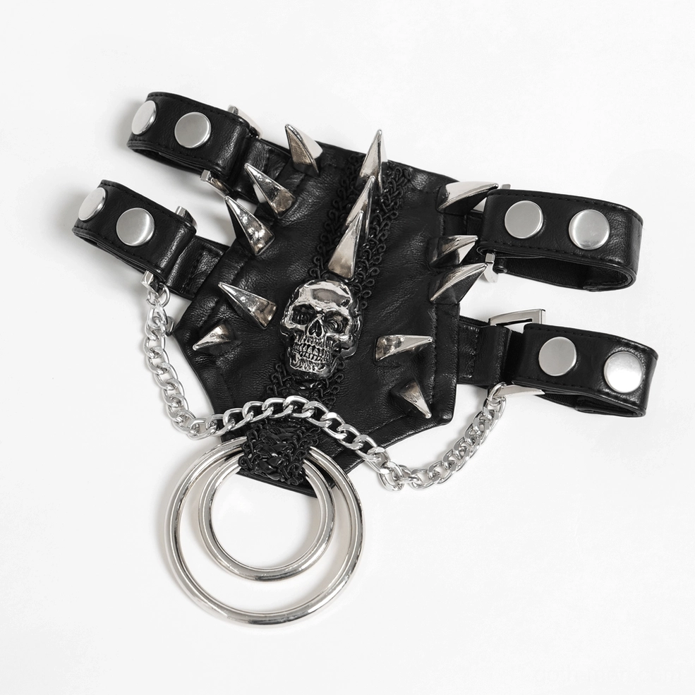 Industrial spiked leather bondage choker with metal studs and skull charm, top-down close-up photography