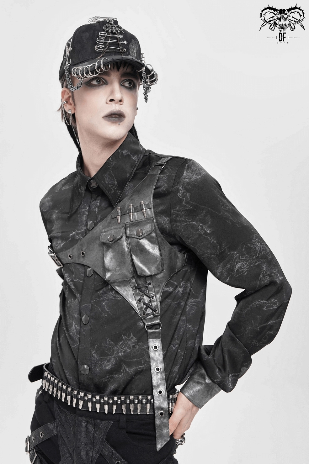 Industrial-style PU harness straps on black marbled gothic mens shirt