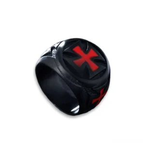 Iron cross biker ring side profile showing signet face with red enamel cross and matte black finish, gothic alternative jewelry