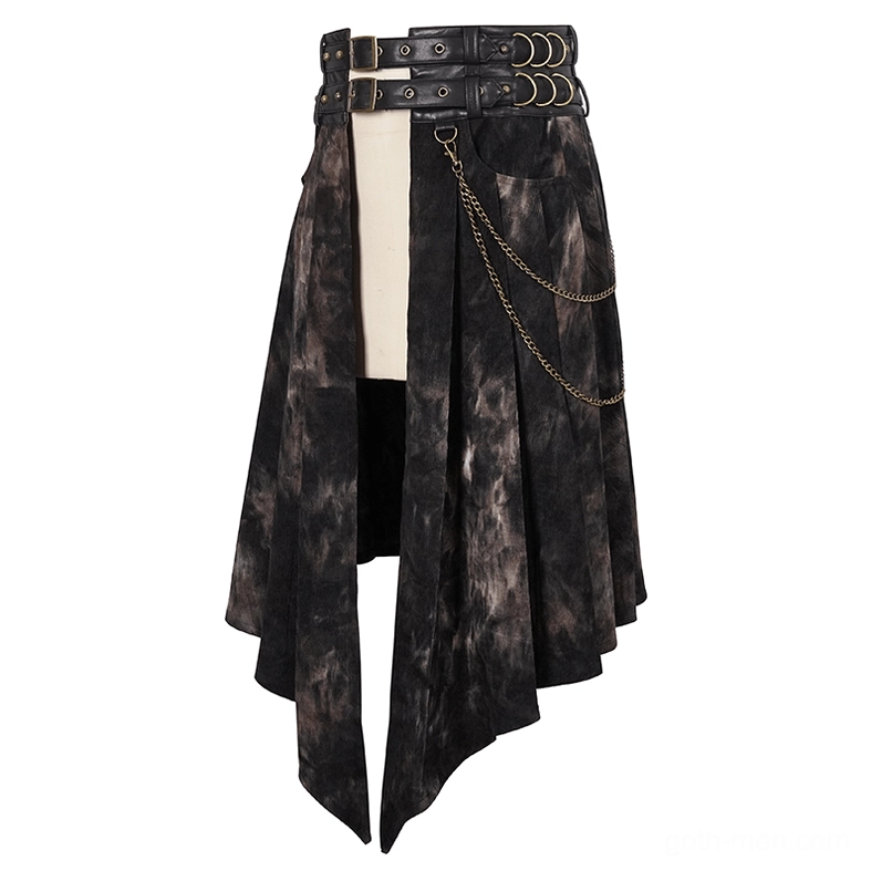 Open-front gothic irregular half skirt with asymmetrical split hem, tie-dye fabric, and metal chain accents