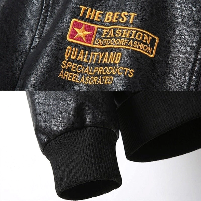 Gothic biker jacket pocket detail with metal snap buttons, zipper, and cracked faux leather texture