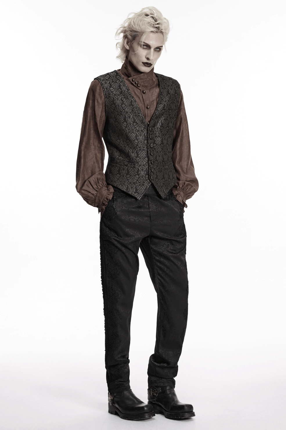 Detailed view of coffee jacquard waistcoat construction and tailoring quality