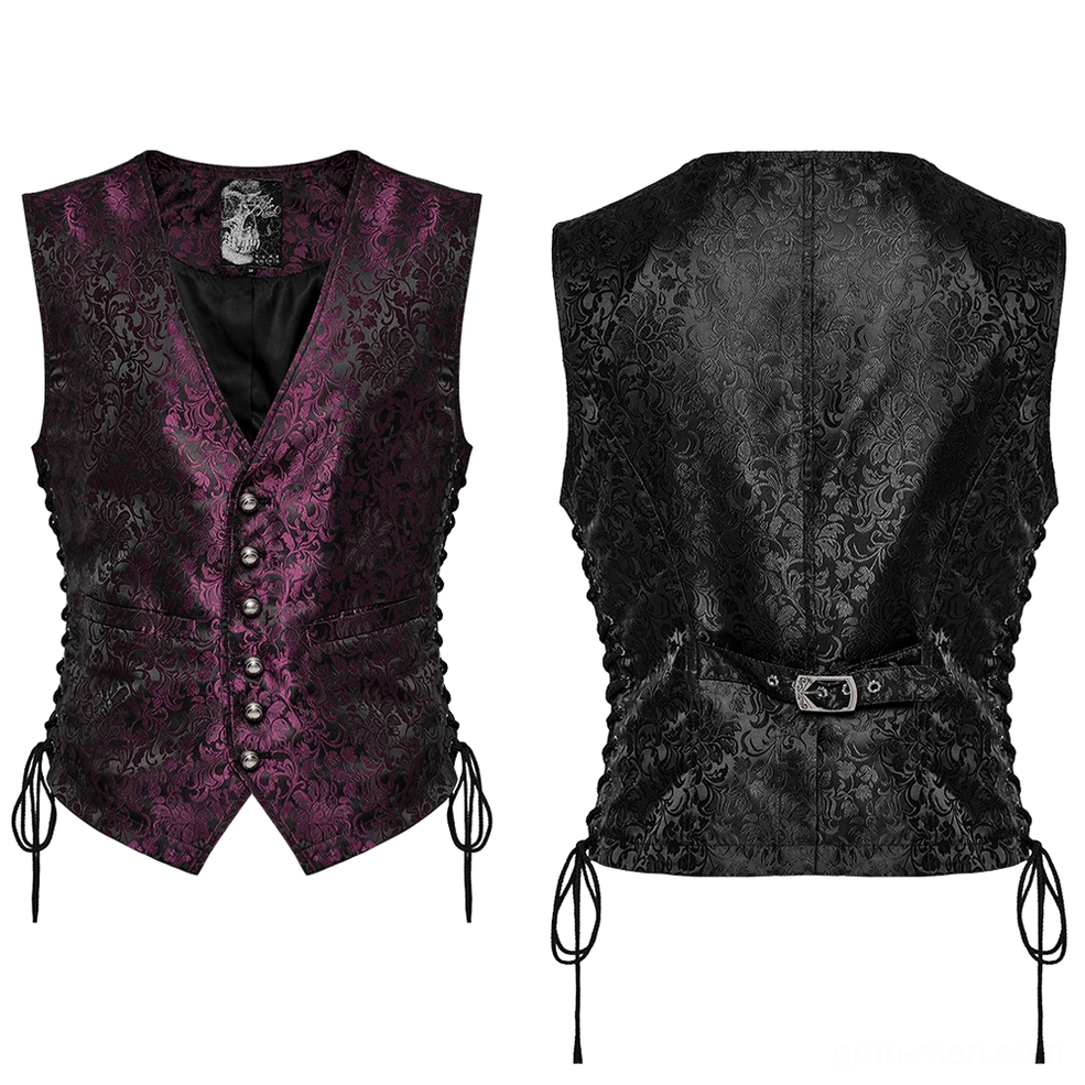 Flat lay front and back product views of purple black floral jacquard waistcoat with side lace-up