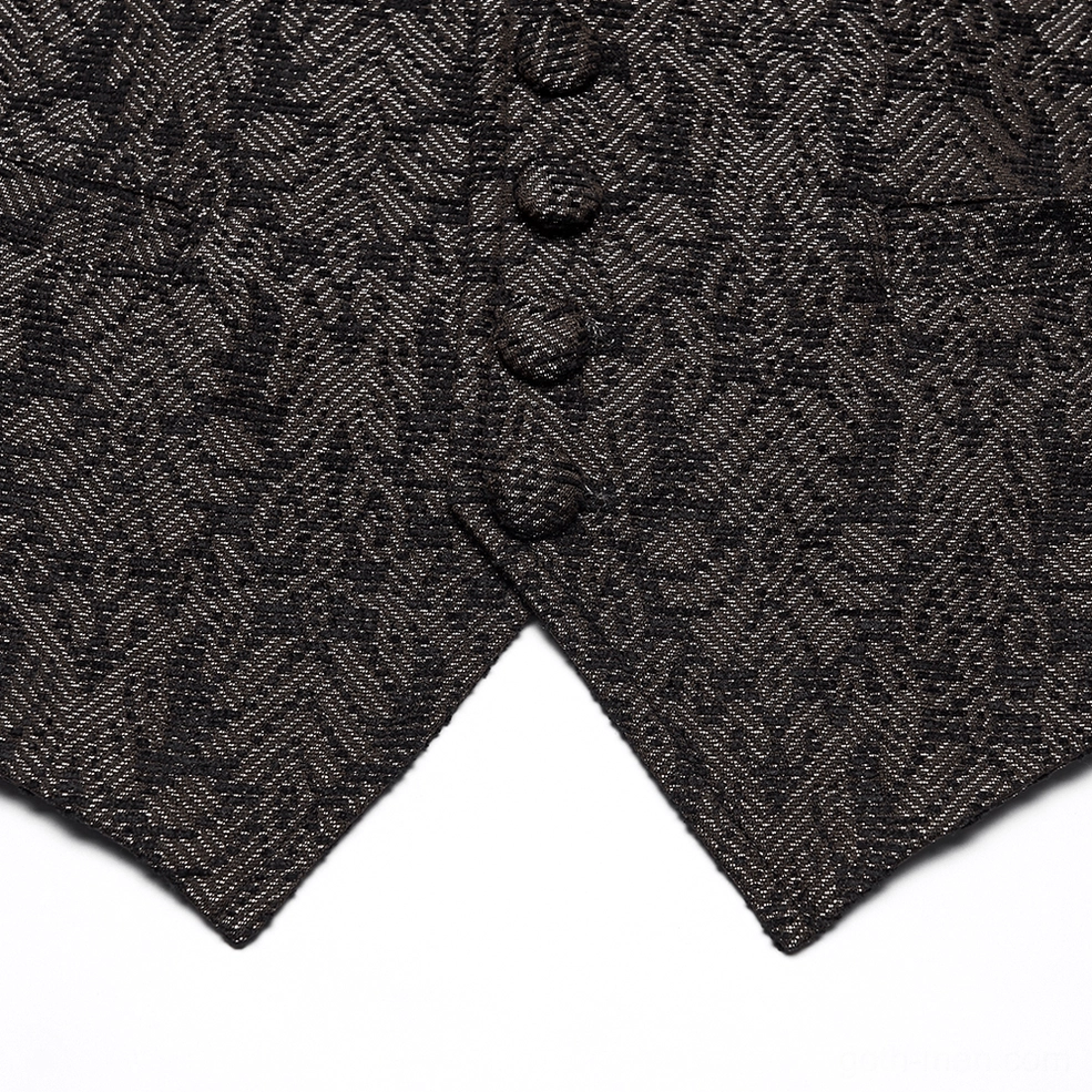 Close-up side view of pointed hem and covered buttons on coffee jacquard waistcoat