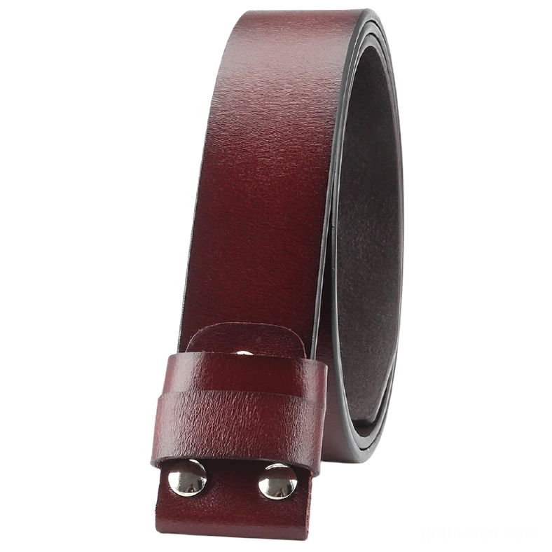 Wine red leather belt strap side detail showing decorative silver metal studs on keeper, premium cowskin texture close-up
