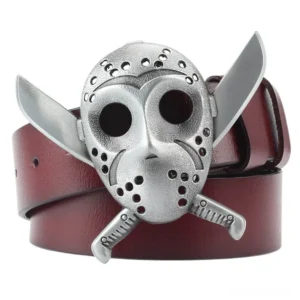 Jason's Mask gothic belt buckle with crossed machetes design, wine red genuine leather strap, horror-inspired metal accessories