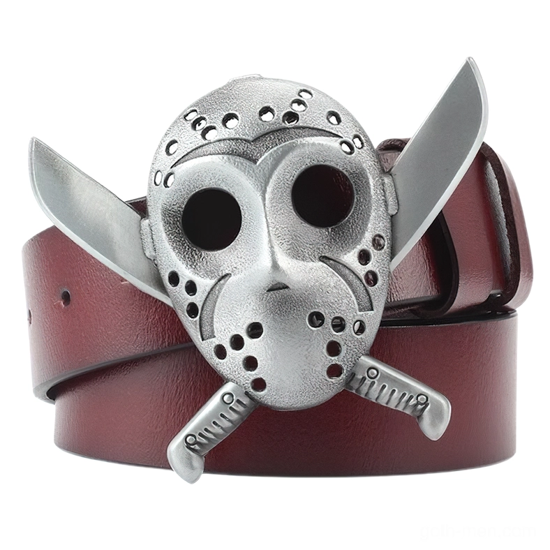 Jason's Mask gothic belt buckle with crossed machetes design, wine red genuine leather strap, horror-inspired metal accessories